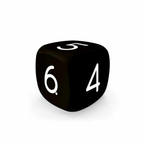 Dado Mokko D6 con números tamaño plus esquina redondeada color sólido negro