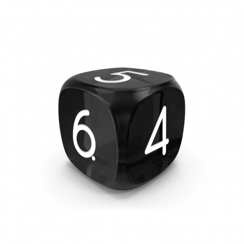Dado Mokko D6 con números tamaño estándar esquina redondeada efecto gema negro