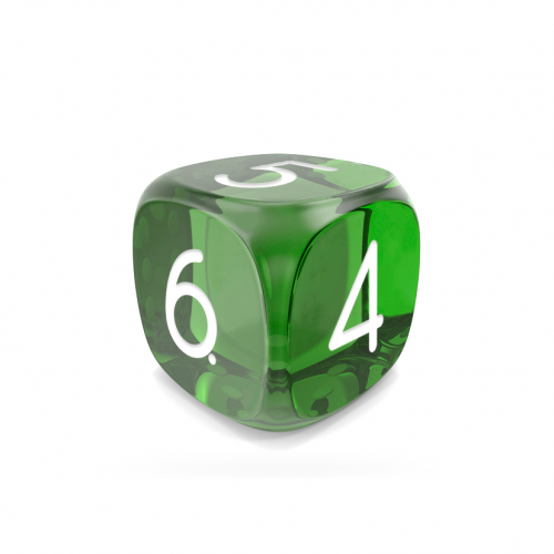 Dado Mokko D6 con números tamaño estándar esquina redondeada efecto gema verde