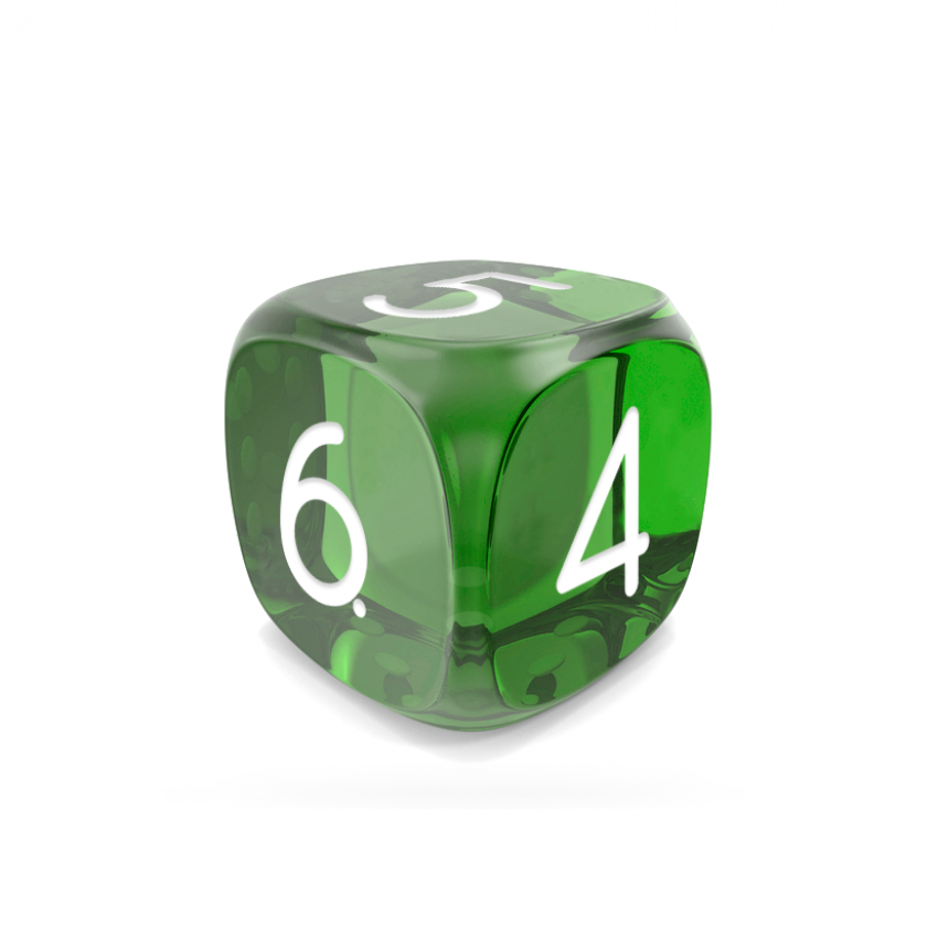 Dado Mokko D6 con números tamaño estándar esquina redondeada efecto gema verde Dado Mokko D6 con números tamaño estándar esquina redondeada efecto gema verde