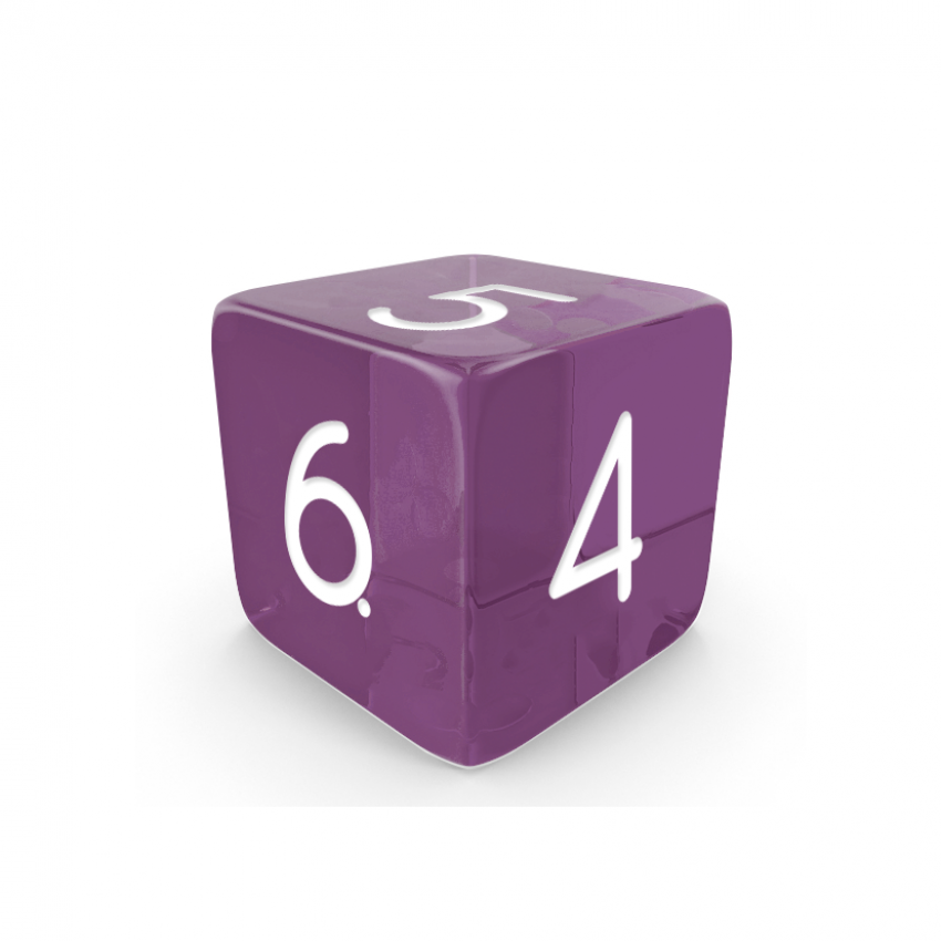 Dado Mokko D6 con números tamaño estándar esquina recta efecto gema malva Dado Mokko D6 con números tamaño estándar esquina recta efecto gema malva
