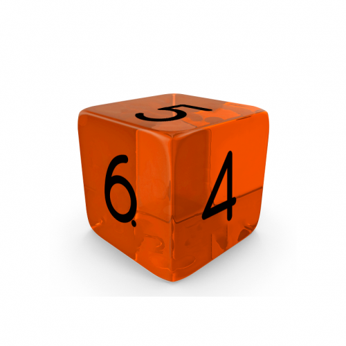 Dado Mokko D6 con números tamaño estándar esquina recta efecto gema naranja
