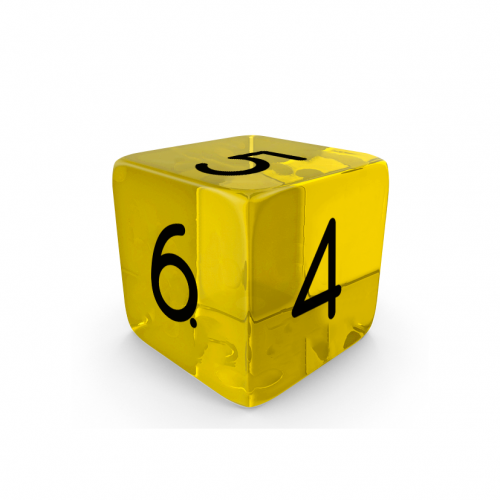 Dado Mokko D6 con números tamaño estándar esquina recta efecto gema amarillo