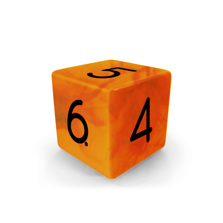 Dado Mokko D6 con números tamaño estándar esquina recta efecto mármol naranja Dado Mokko D6 con números tamaño estándar esquina recta efecto mármol naranja