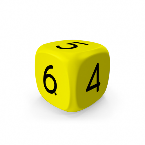 Dado Mokko D6 con números tamaño estándar esquina redondeada color sólido amarillo limón