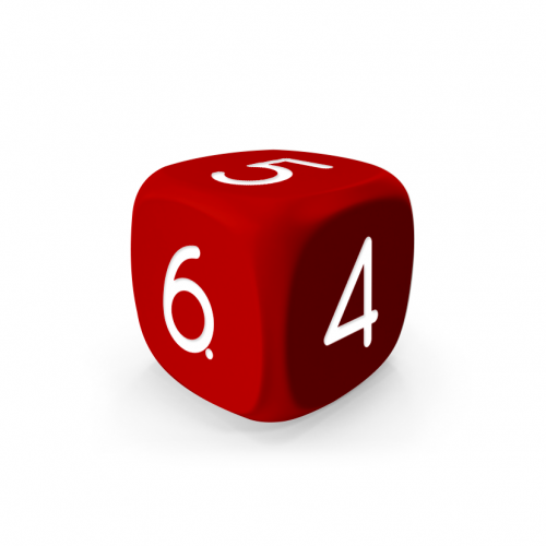 Dado Mokko D6 con números tamaño estándar esquina redondeada color sólido rojo