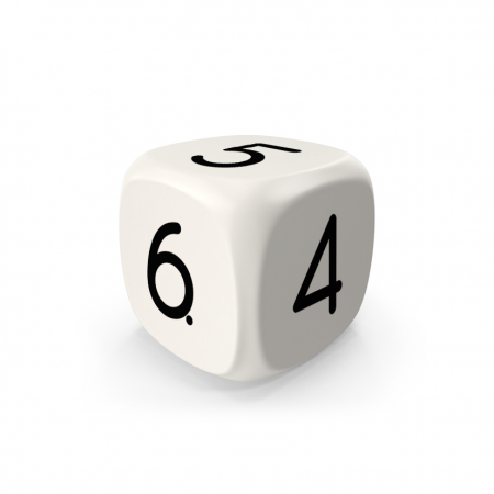 Dado Mokko D6 con números tamaño estándar esquina redondeada color sólido blanco