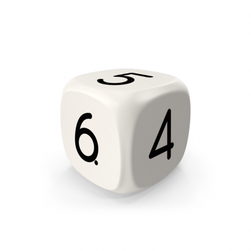 Dado Mokko D6 con números tamaño estándar esquina redondeada color sólido blanco