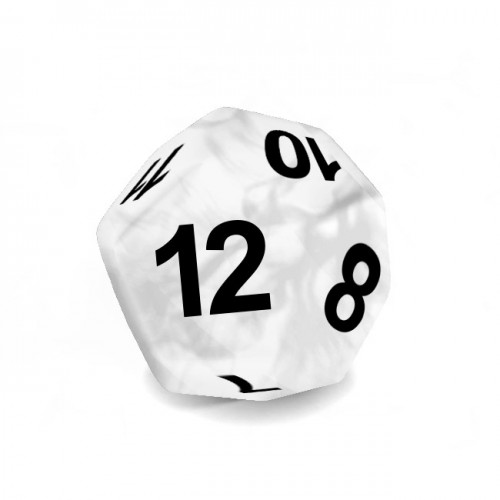 Dado Mokko D12 con números tamaño estándar esquina redondeada efecto mármol blanco