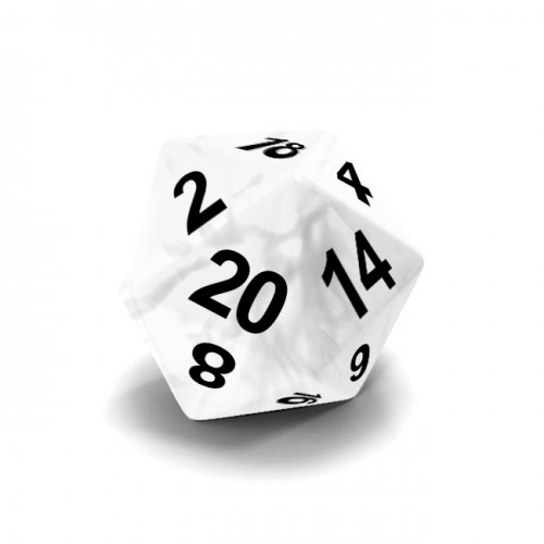 Dado Mokko D20 con números tamaño estándar esquina redondeada efecto mármol blanco