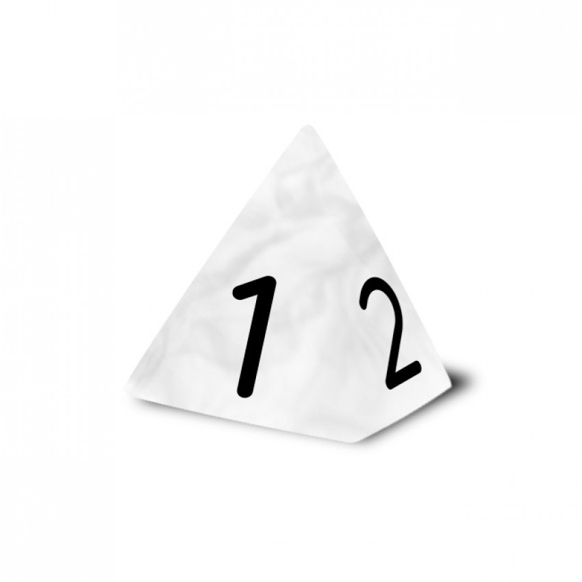 Dado Mokko D4 con números tamaño estándar esquina redondeada efecto mármol blanco